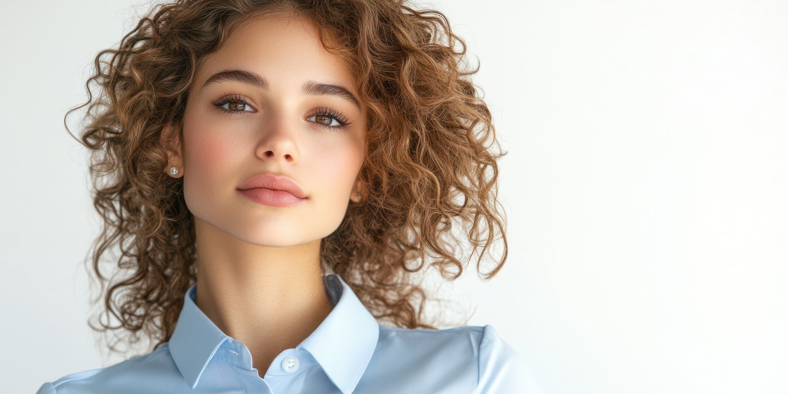 Young woman with curly hair wearing a blue shirt poses confidently against a simple backdrop during daylight